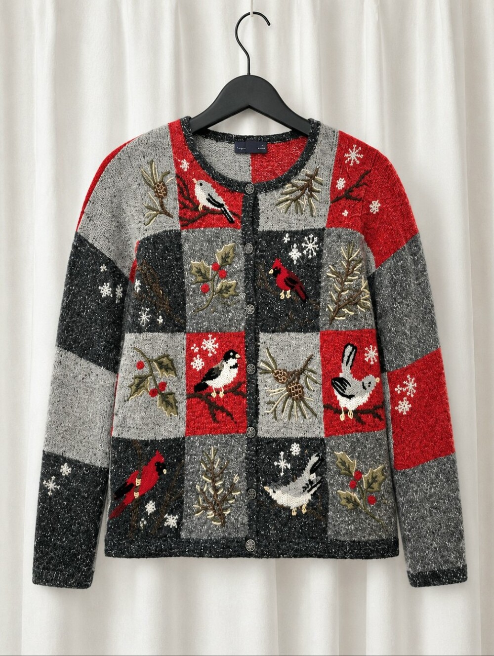 Vintage Northern Isles Gray Patchwork Songbird Woodland Knit Cardigan Sweater